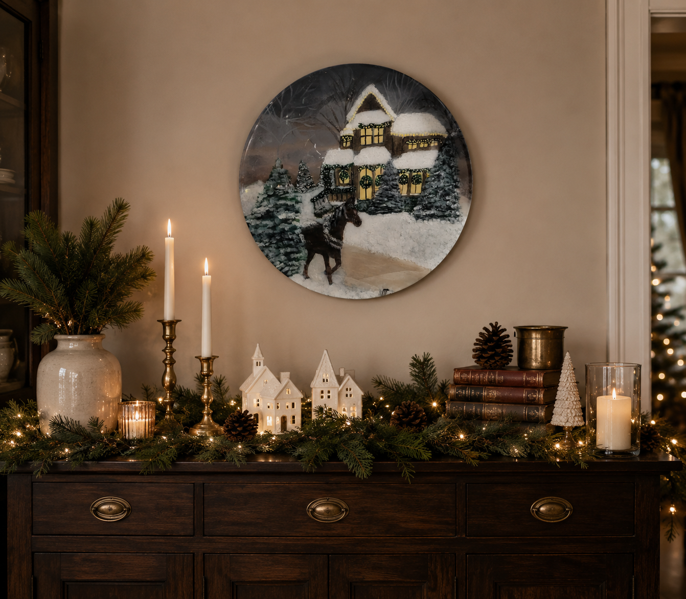 Winter cottage wall décor with deer and evergreen trees.png