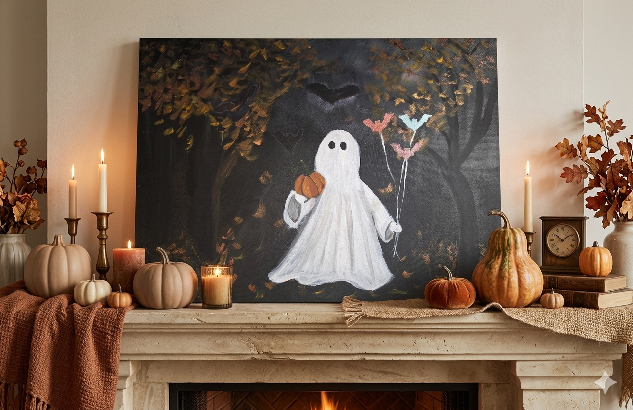 A Haunting We Will Go – Hand Painted Ghost & Bat Balloons Canvas Wall Art (18" x 24"