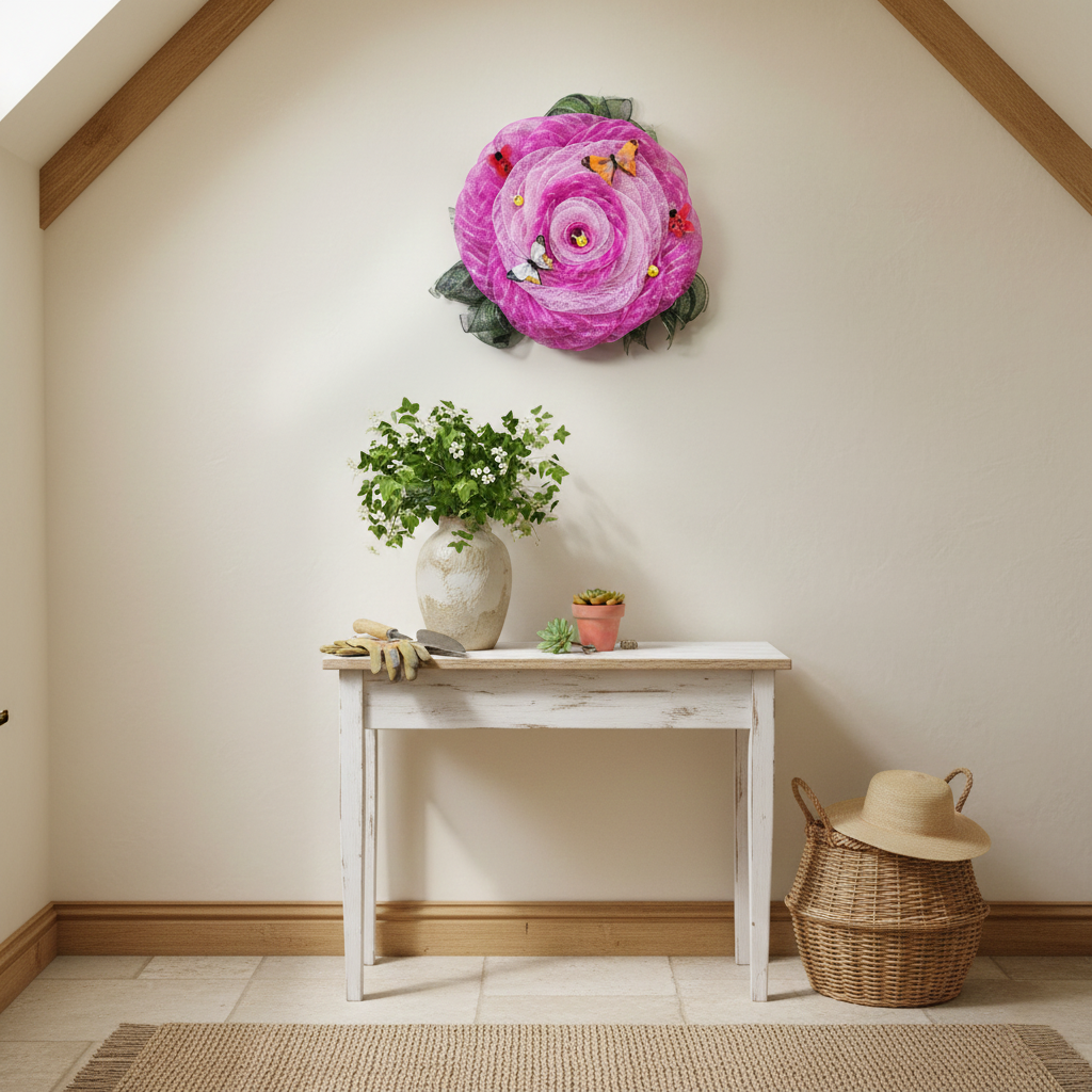 Whimsical pink floral mesh wreath with pollinator embellishment.png