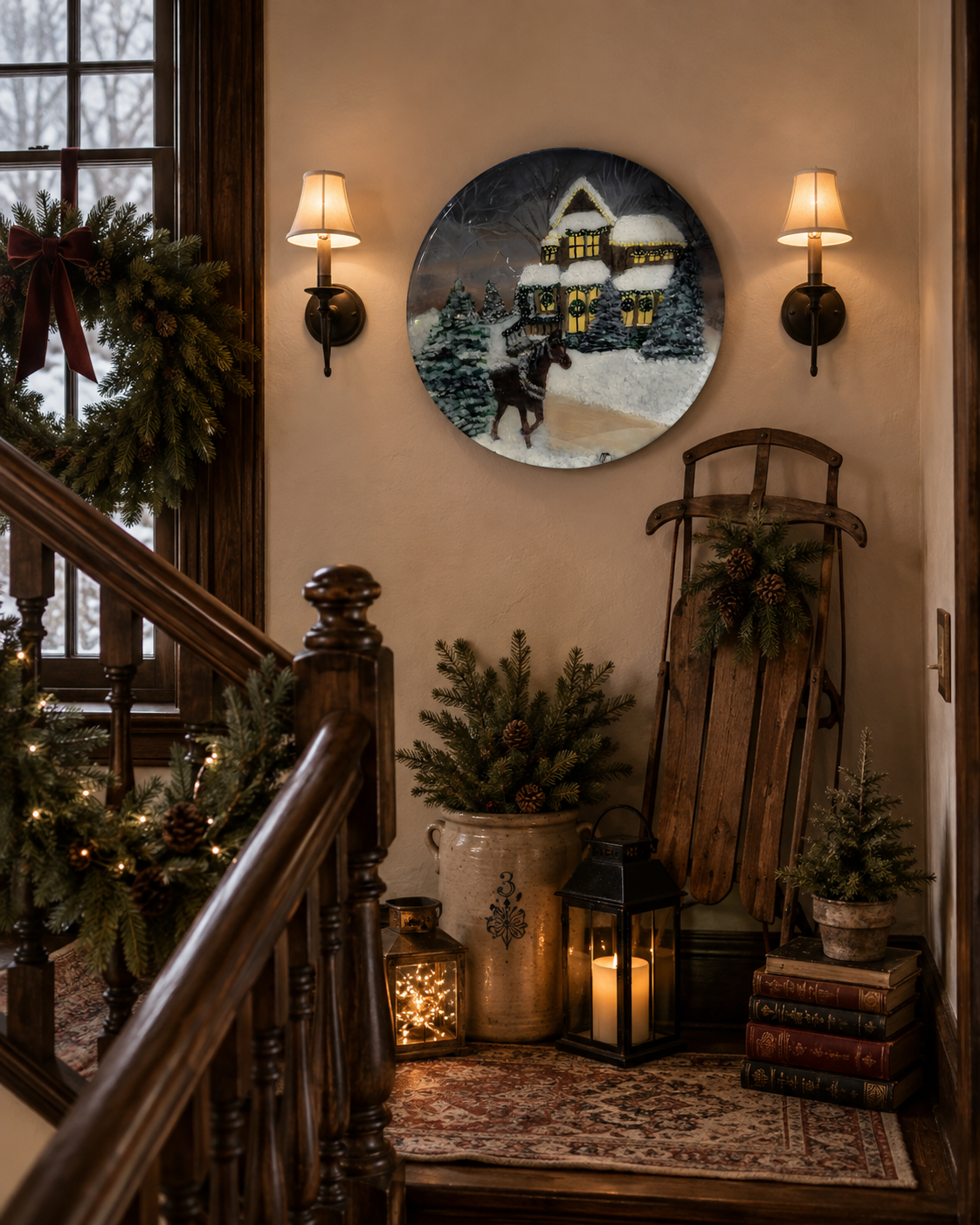 Winter home décor featuring illuminated snowy cottage.png