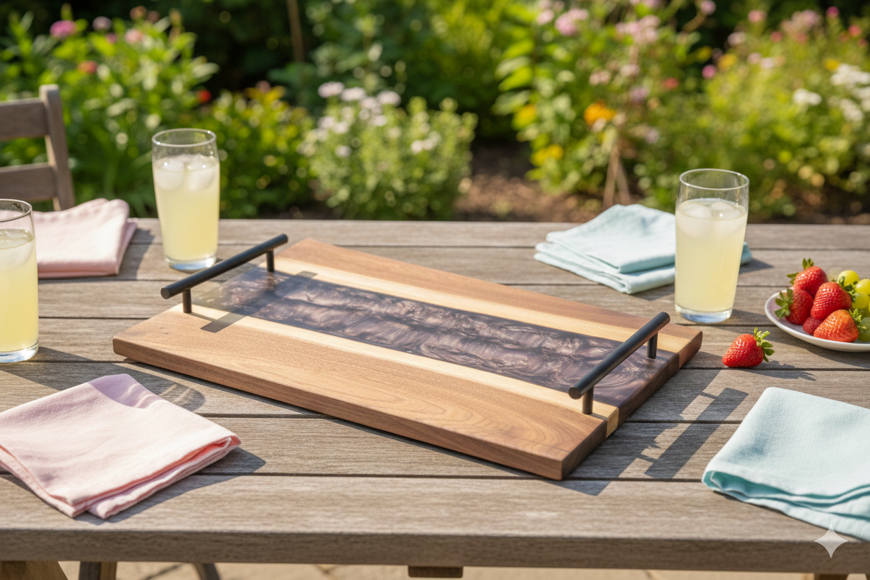 Modern handmade walnut entertaining board with plum epoxy river design