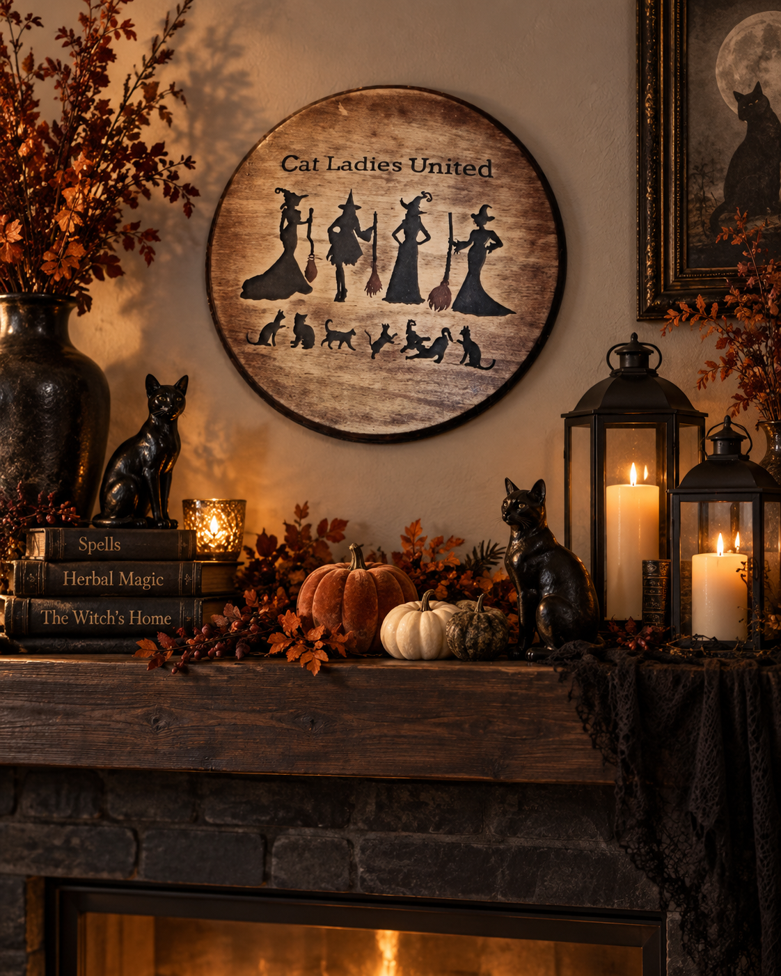 Round witchy cat plaque on gallery wall.png