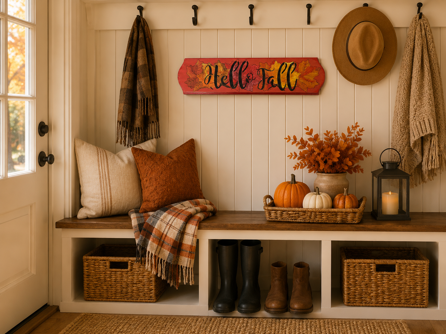 Crimson Harvest Hello – Hand Painted Autumn Leaf Wooden Sign