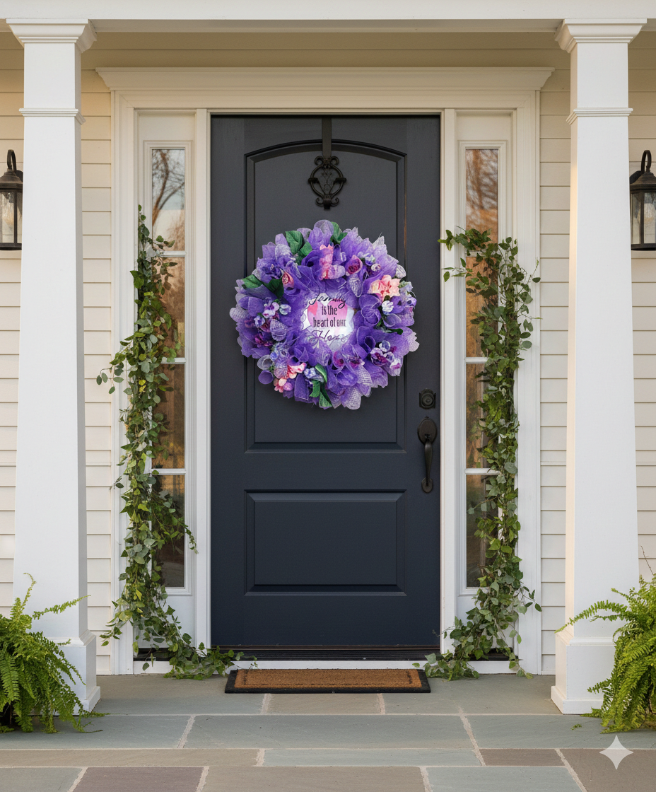 Heart of the Home purple spring wreath on door
