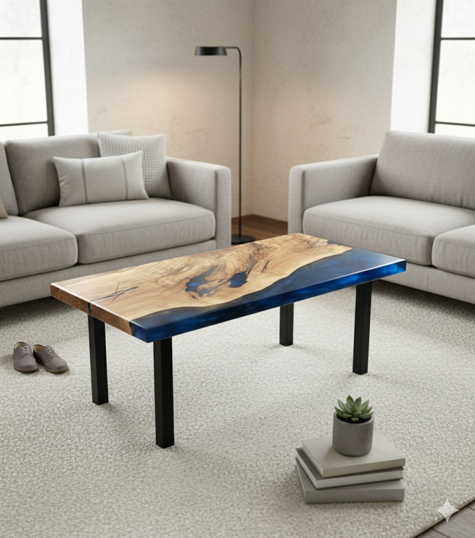 Modern living room with two light gray sofas, a wooden accent coffee table, a small potted plant on top of a stack of books, and a pair of shoes on the carpeted floor.