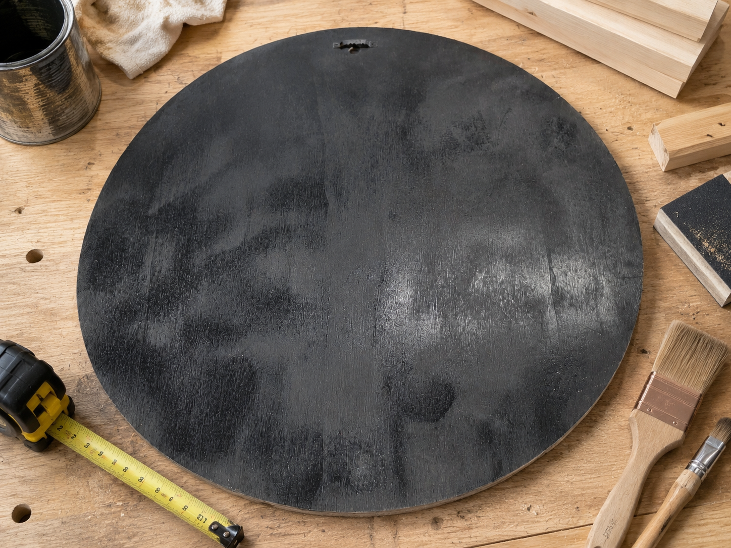 back of Salem Broomworks round wood sign featuring witch silhouette, antique broom illustrations and distressed finish.png