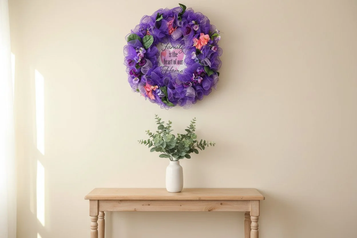 Heart of the Home purple spring wreath on door