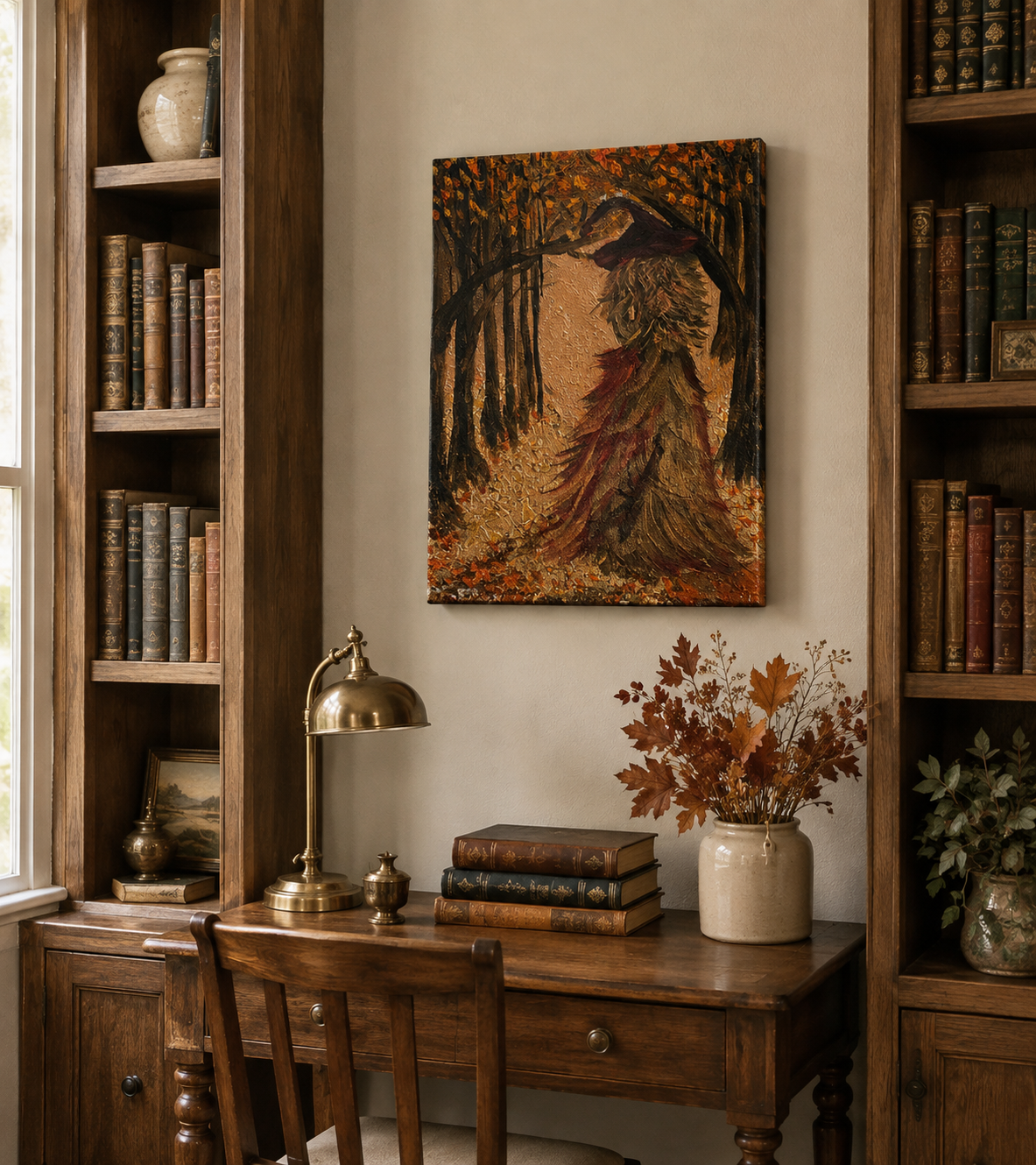 Gold leaf canvas wall art with a metallic witch viewed from behind.png