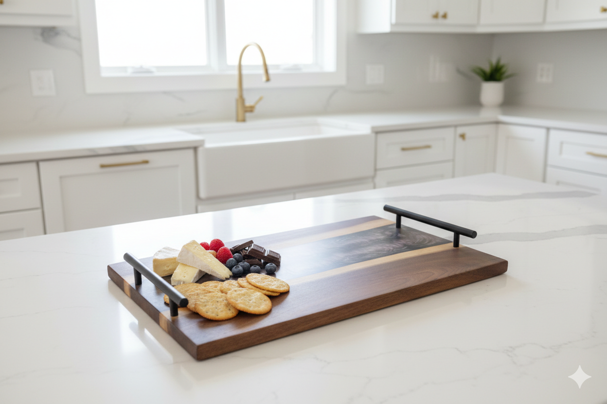 Blackberry Bling black walnut charcuterie board with smoky purple epoxy river and metal handles