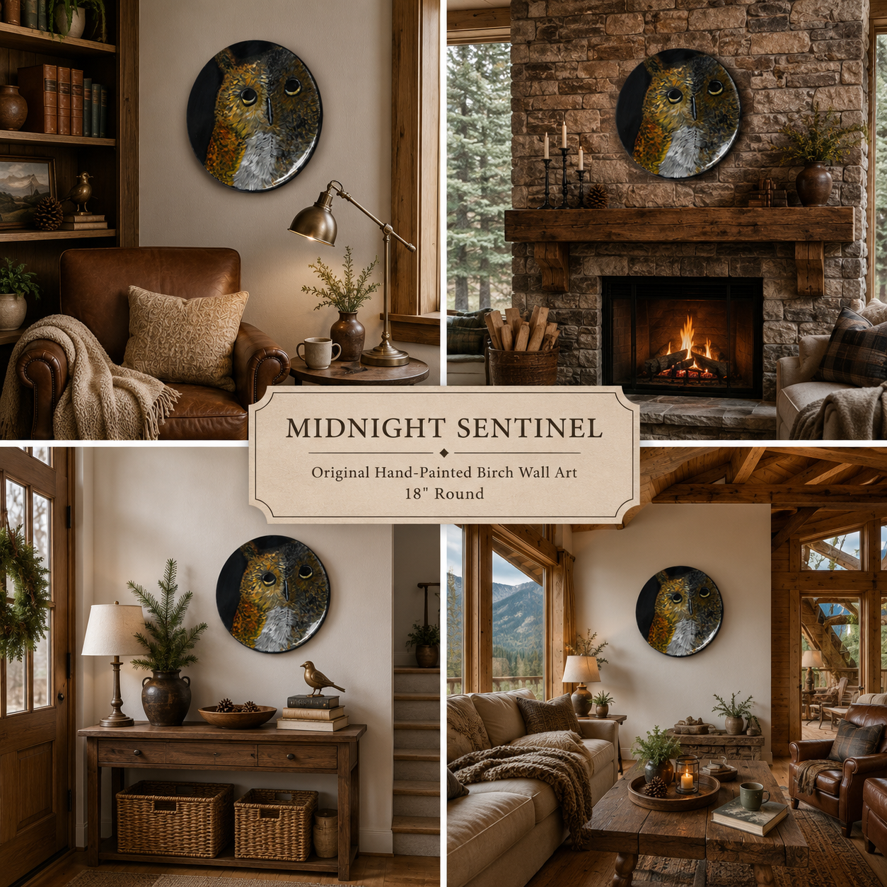 Contemporary woodland owl portrait on round wood panel.png