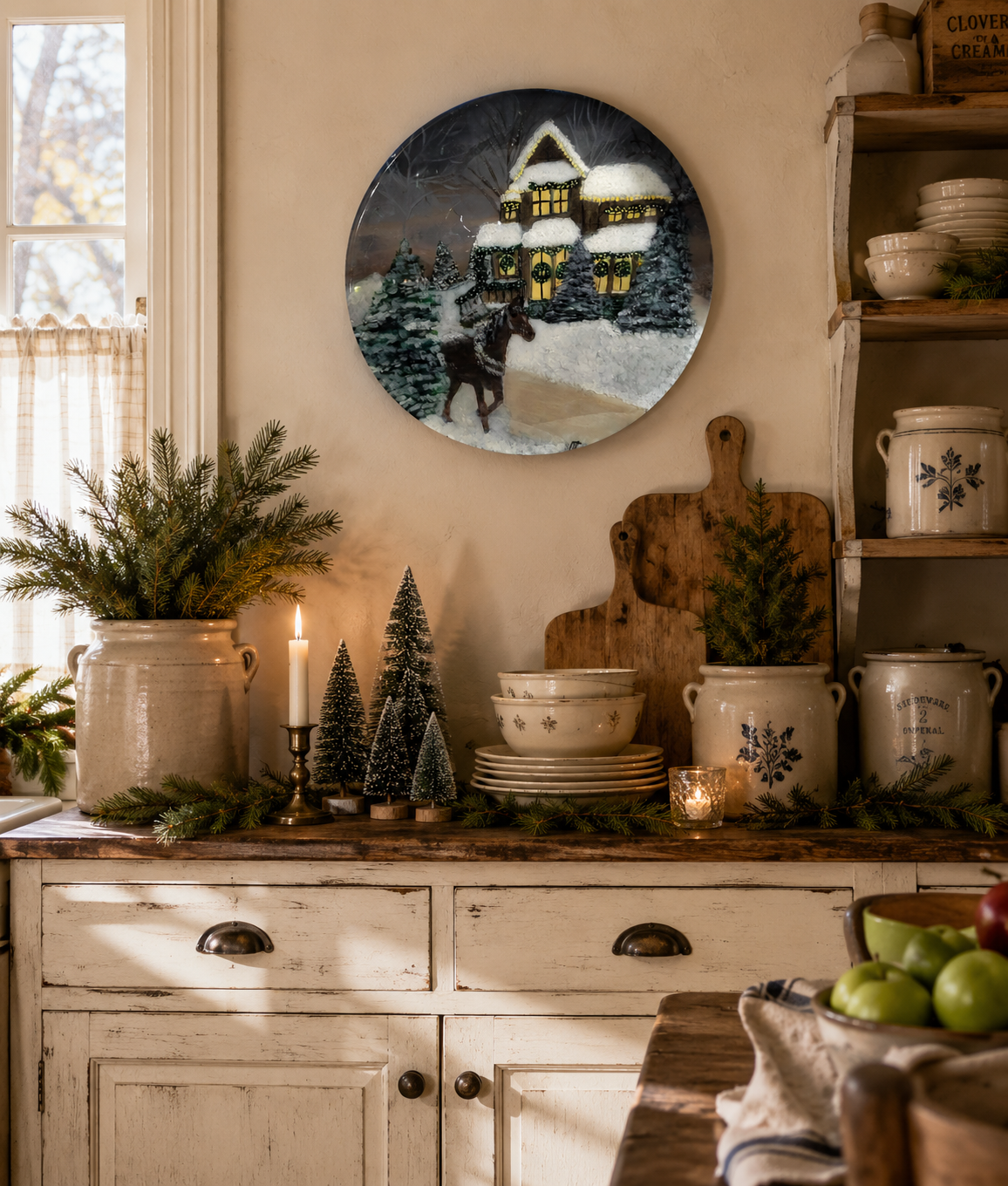 Snowy woodland Christmas décor on handcrafted wood round.png