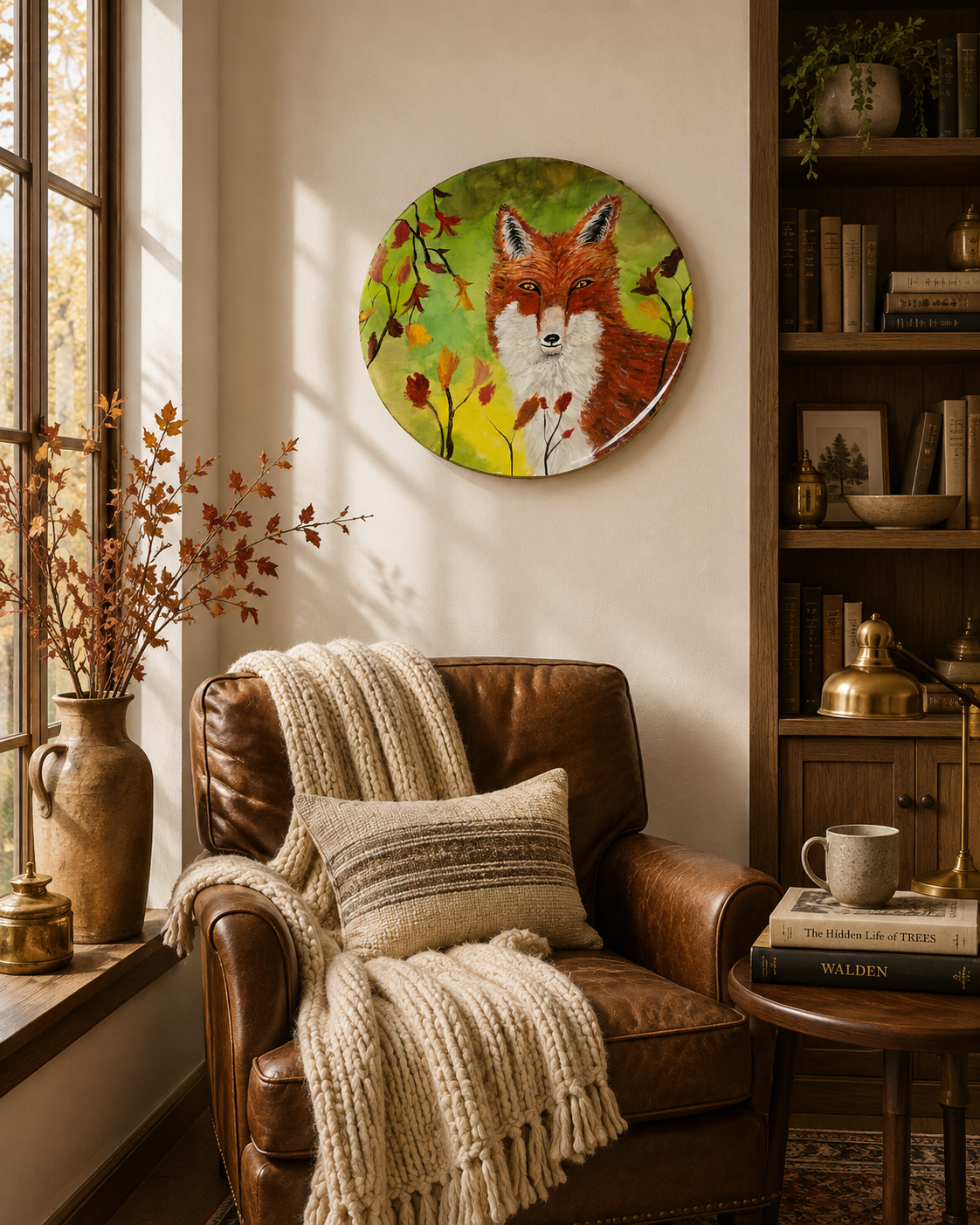 Autumn Sentinel hand-painted fox on 18 inch birch wood round.png