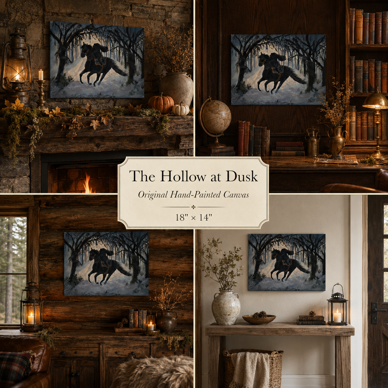 collage of Moody forest painting with rustic cabin surrounded by ancient trees.png