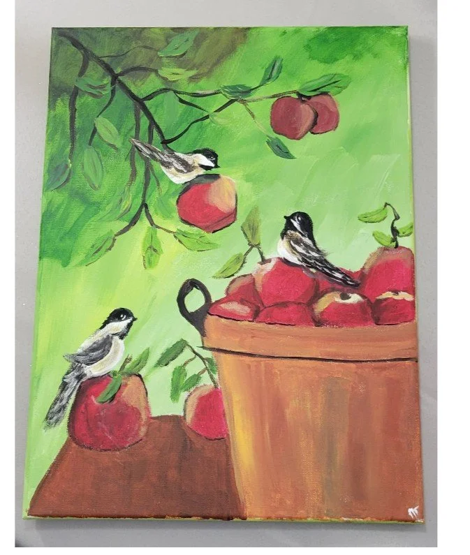Chickadee Harvest original acrylic painting with three chickadees and red apples.jpg