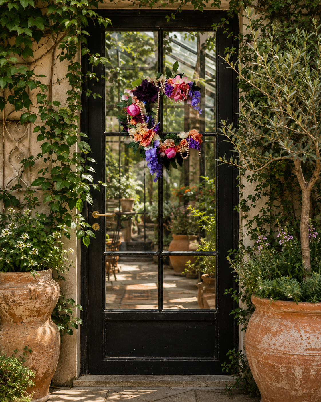 Handmade crescent wreath with artificial flowers.png