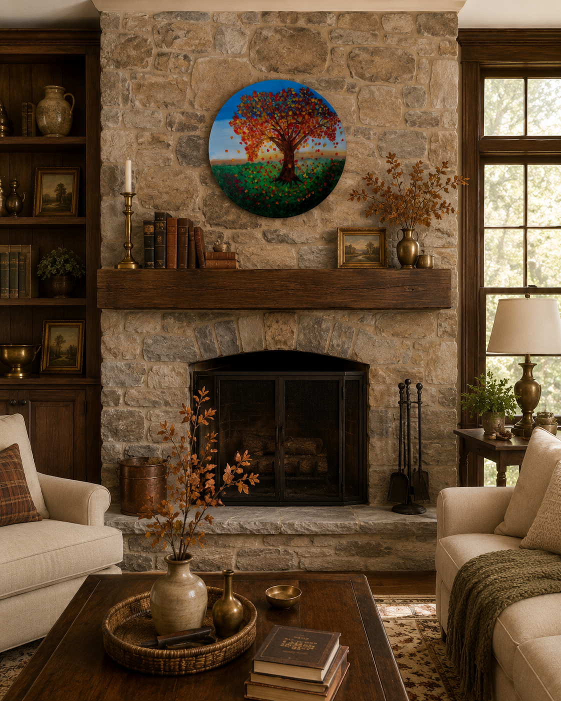 Round wood fall landscape artwork with bright blue sky.png