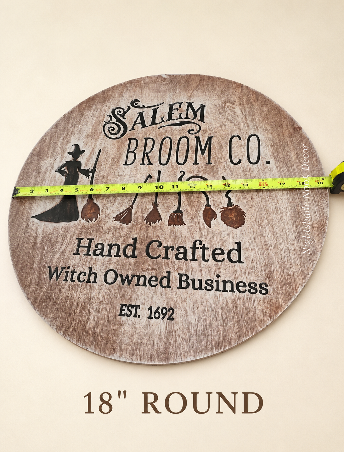 Salem Broomworks 18 inch round handcrafted Halloween wood sign with vintage Salem Broom Co artwork.png