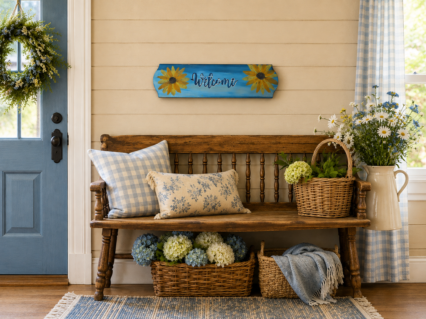 Handmade welcome wall hanging with blue background.png