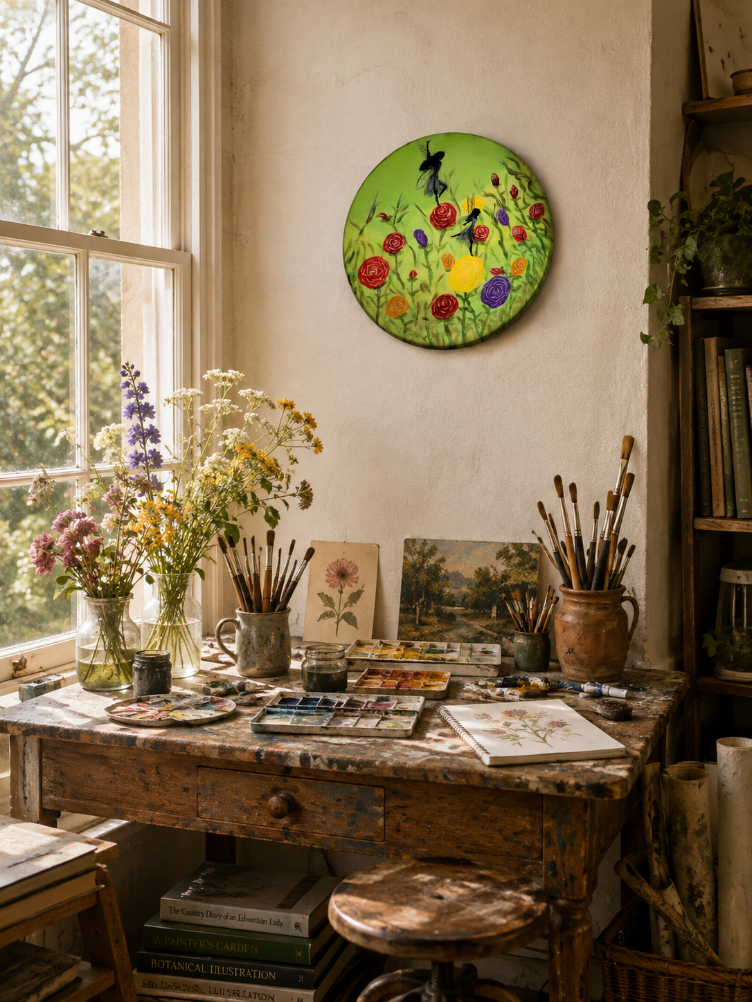 Whimsical botanical artwork on round wood panel.png