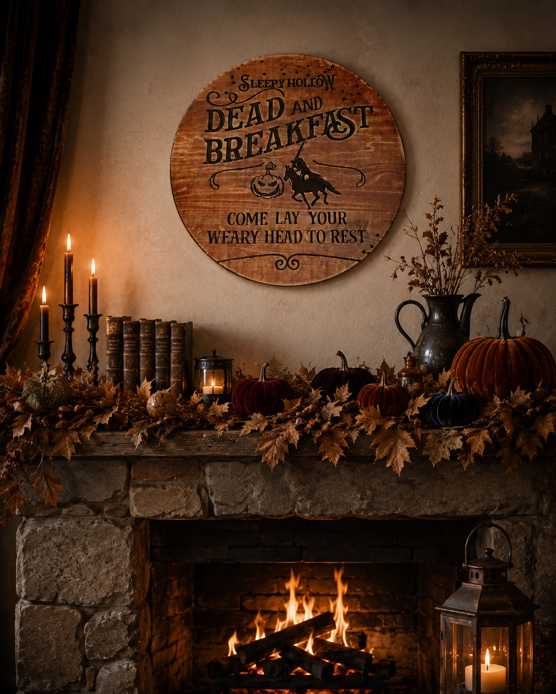 Rustic Halloween round wood sign with engraved lettering.png