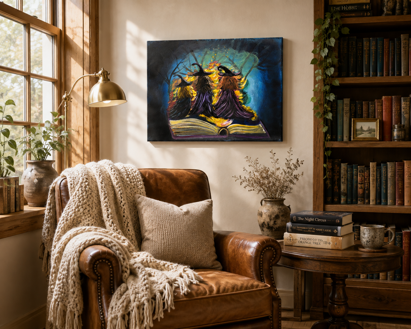 Witchy cottage wall art featuring magical storybook witches on canvas.png