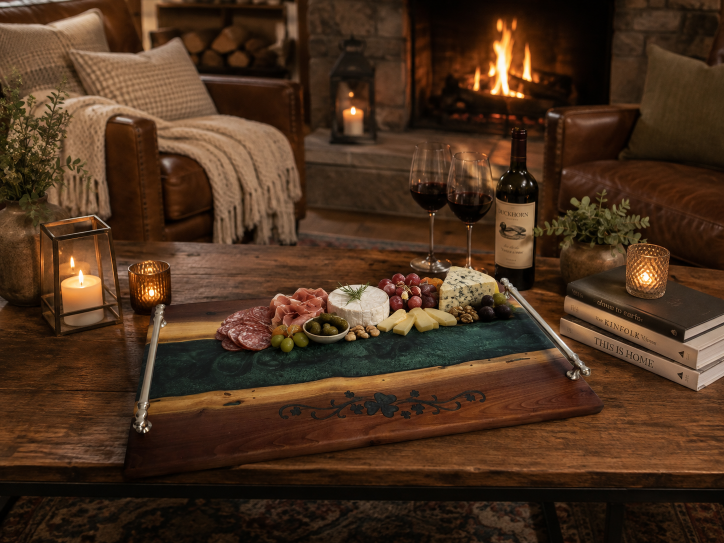 Handcrafted black walnut charcuterie board with shamrock inlay.png