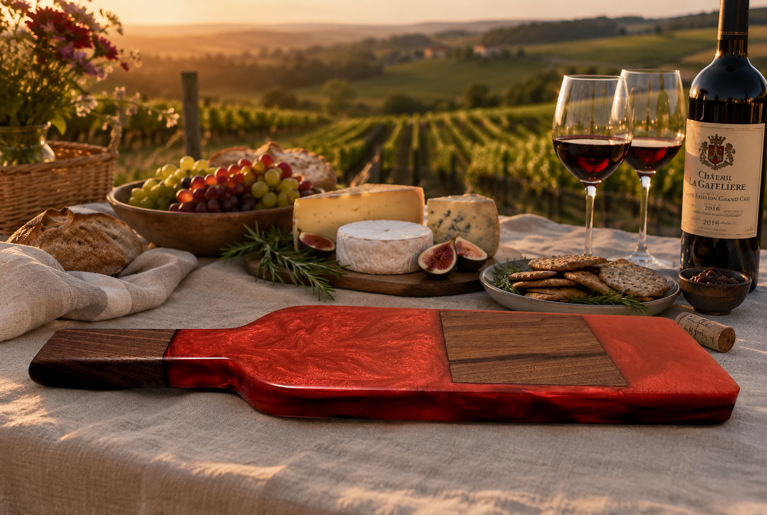 Double-sided walnut cheese board with red metallic resin.png