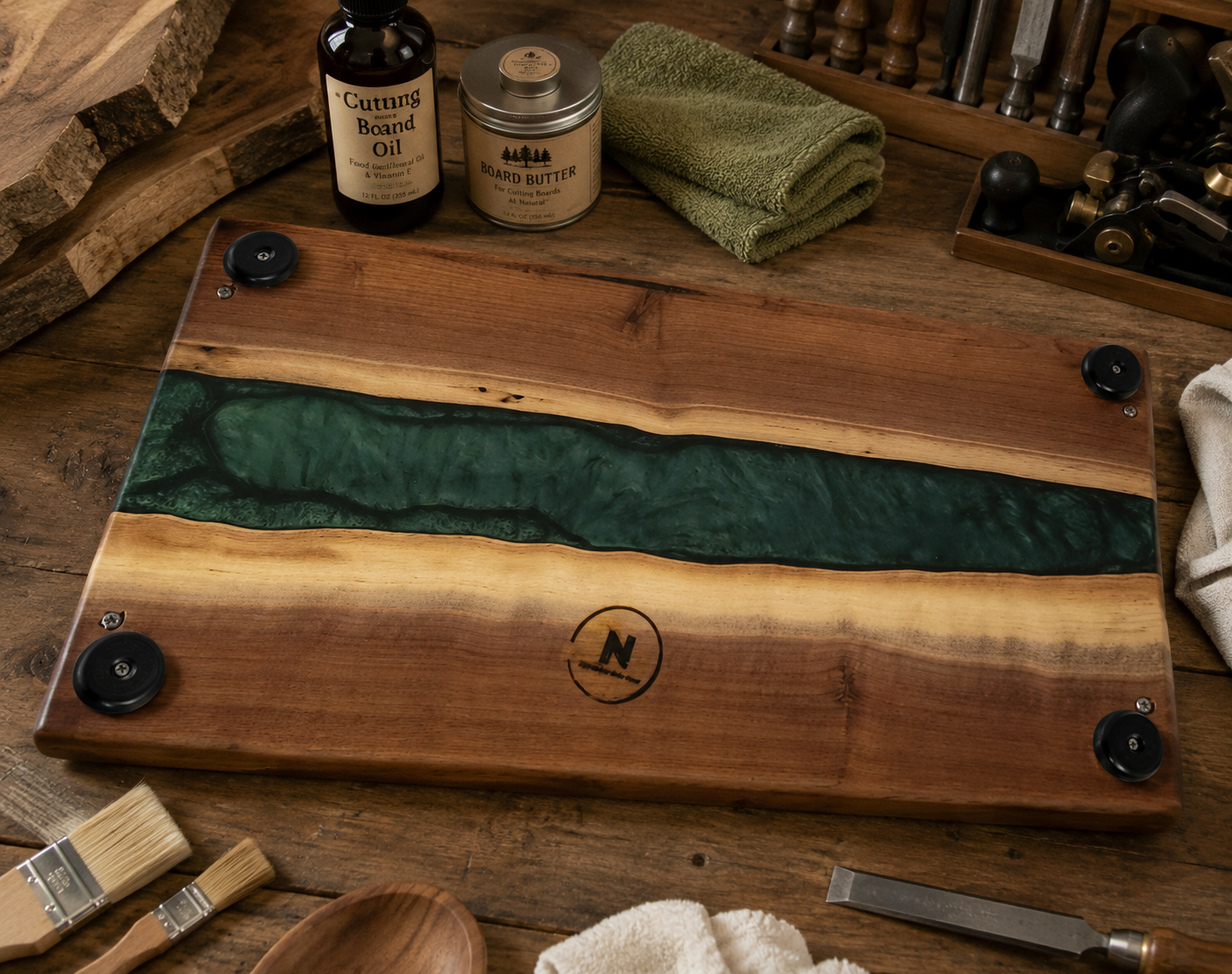 bottom of Handcrafted black walnut charcuterie board with shamrock inlay.png