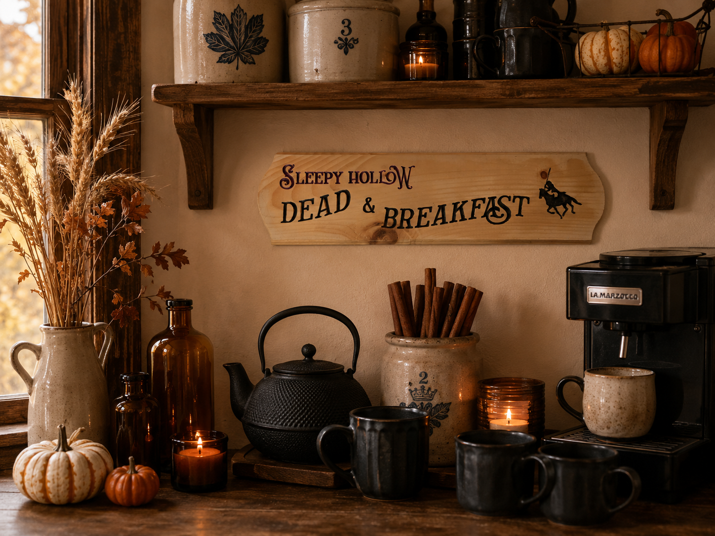 Vintage Halloween wood wall sign featuring the Headless Horseman.png