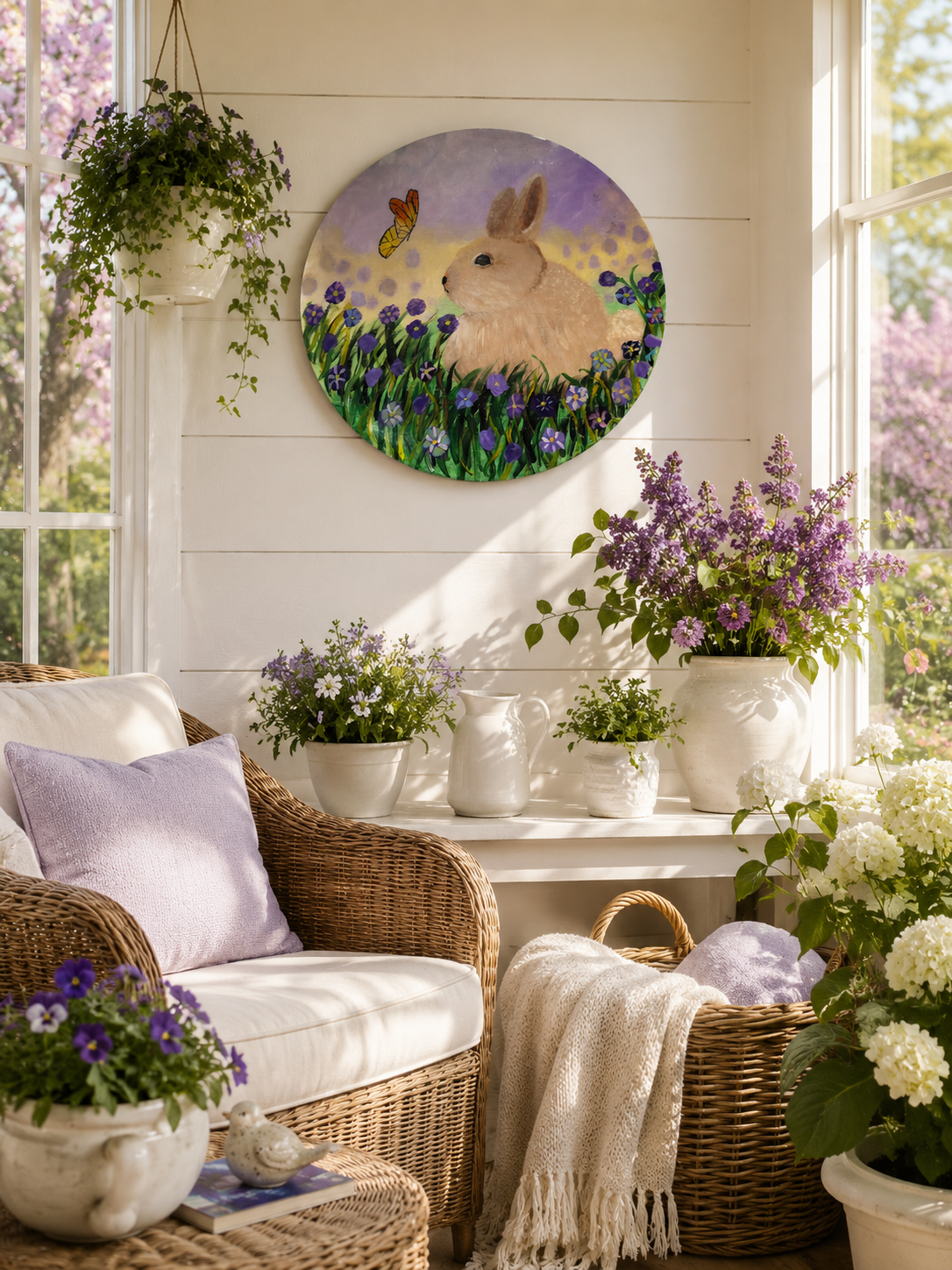 Hand-painted bunny wall art with butterfly and violet wildflowers.png