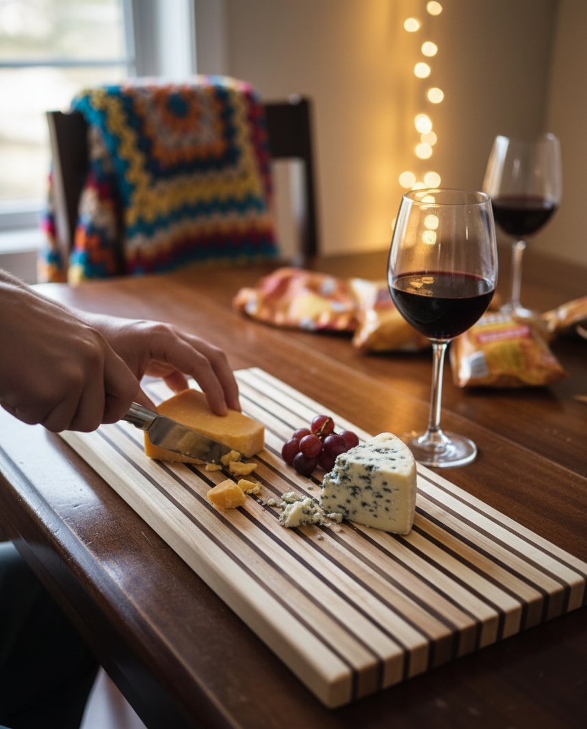Cheese platter with various cheeses, grapes, and two glasses of red wine on a wooden table.