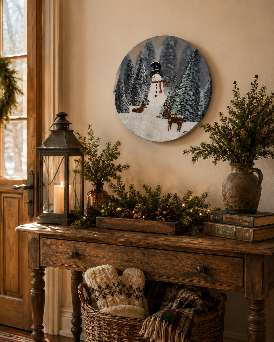 Woodland winter landscape featuring snow-covered evergreens and a cheerful snowman.png