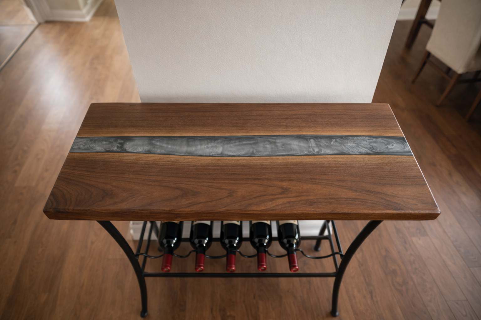 Silver epoxy resin river detail in walnut surface