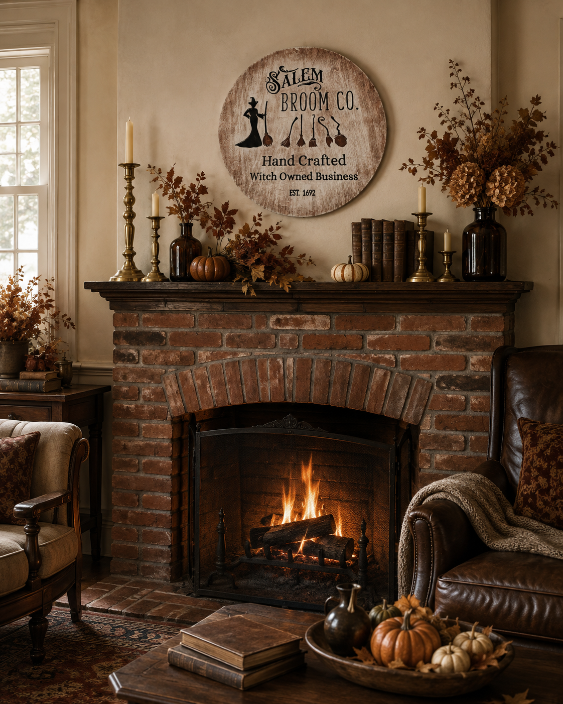 18 inch Salem Broomworks round Halloween sign styled above a historic brick fireplace mantel.png