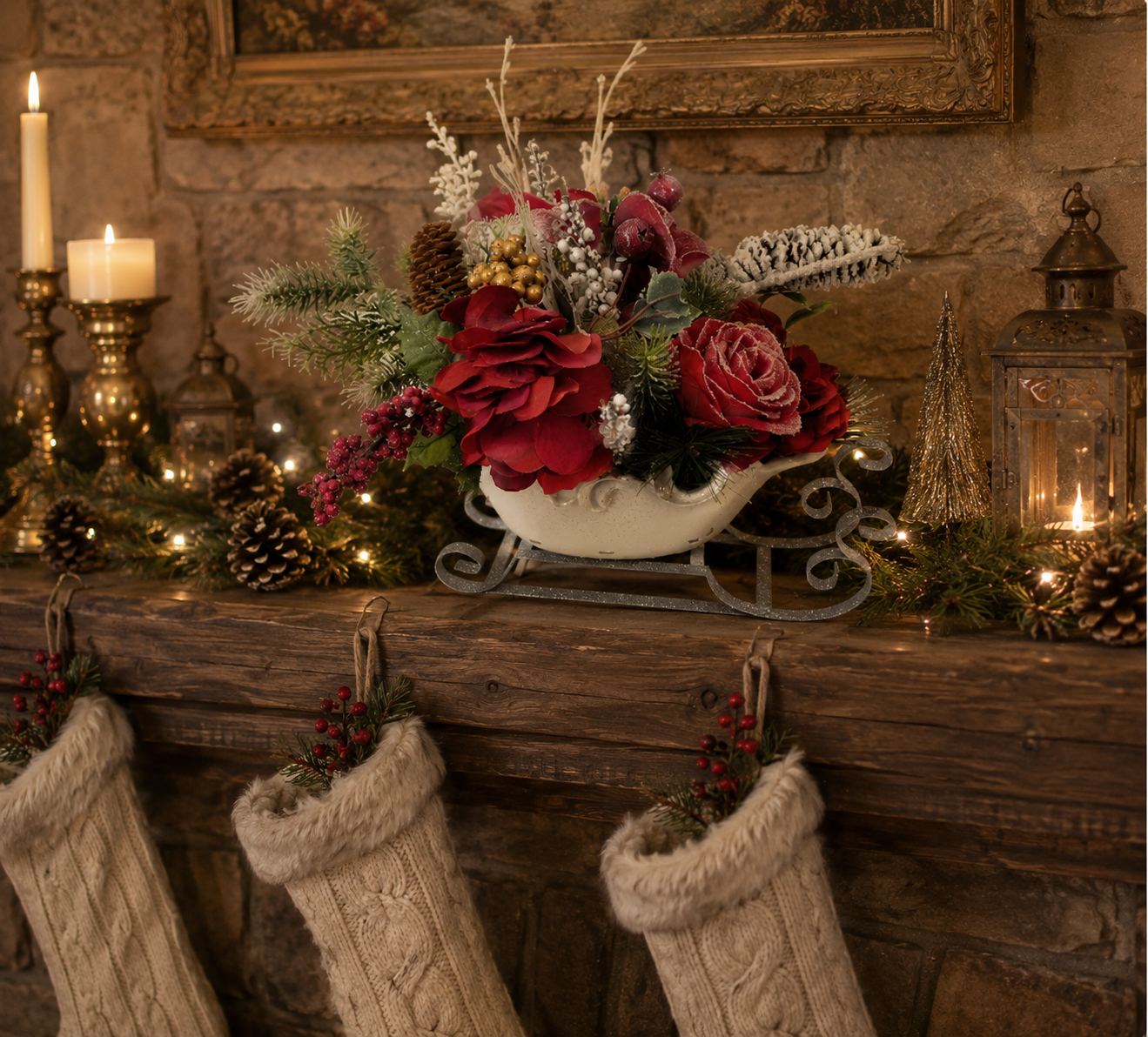 Handmade holiday sleigh centerpiece with frosted pinecones.png