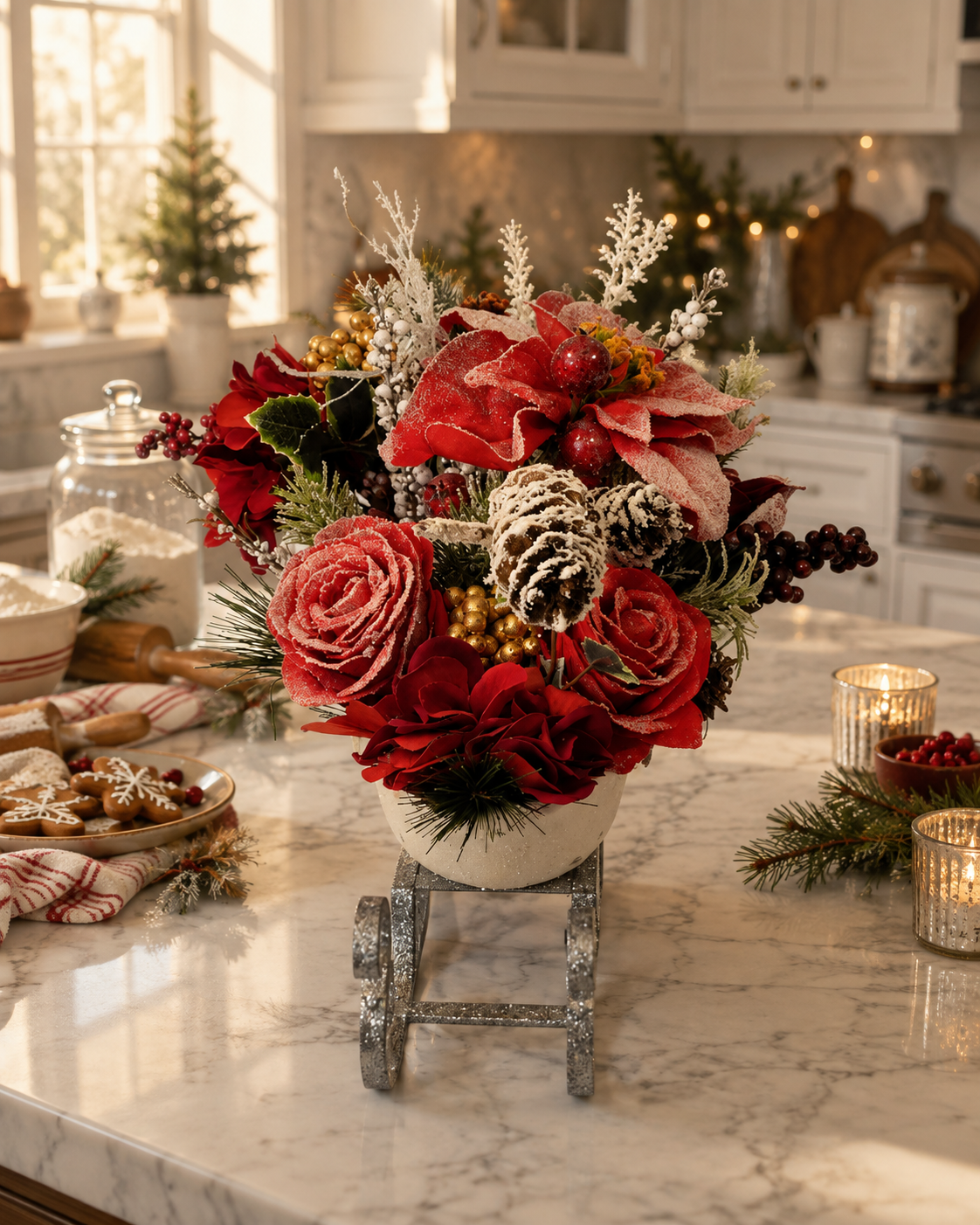 Luxury Christmas floral arrangement in glittered silver sleigh.png