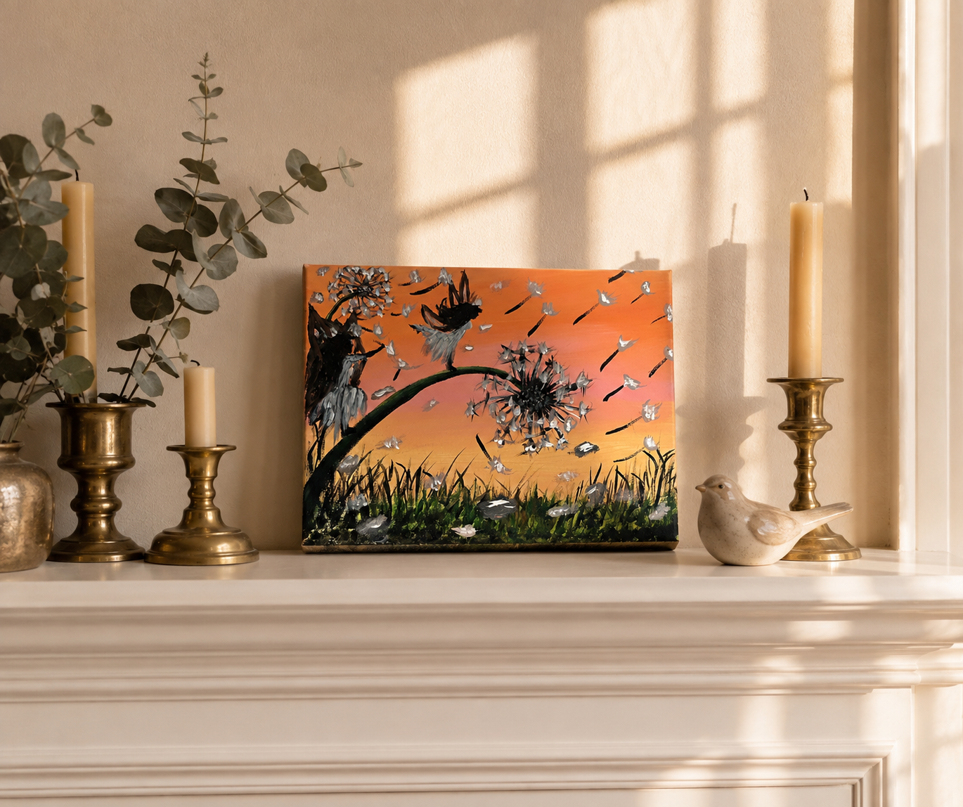 One-of-a-kind acrylic canvas featuring fairy silhouette and blowing dandelion seeds.png