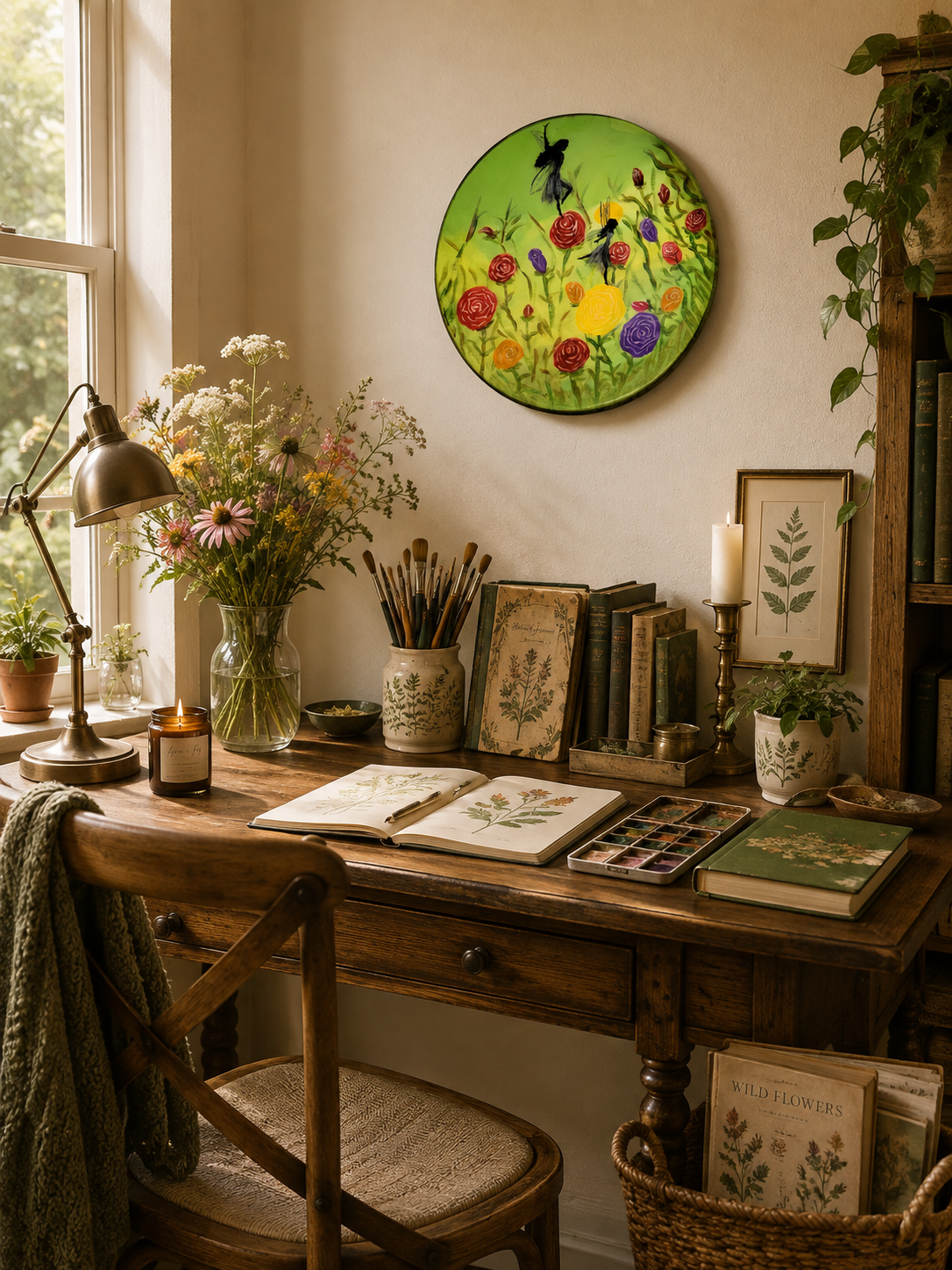 Fantasy-inspired floral wood round wall décor.png