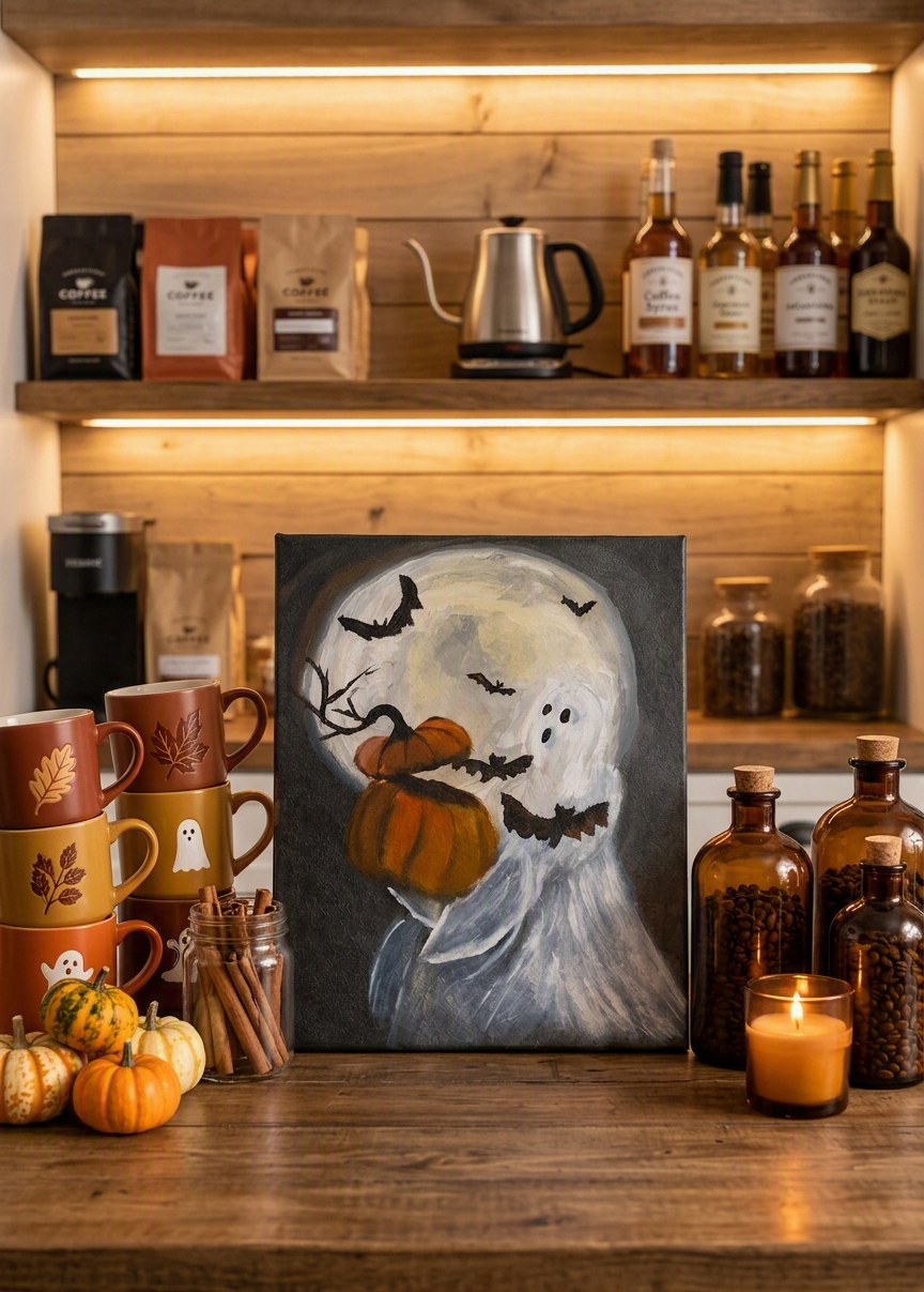 Original Halloween artwork with playful ghost and pumpkins in a moonlit autumn scene.png
