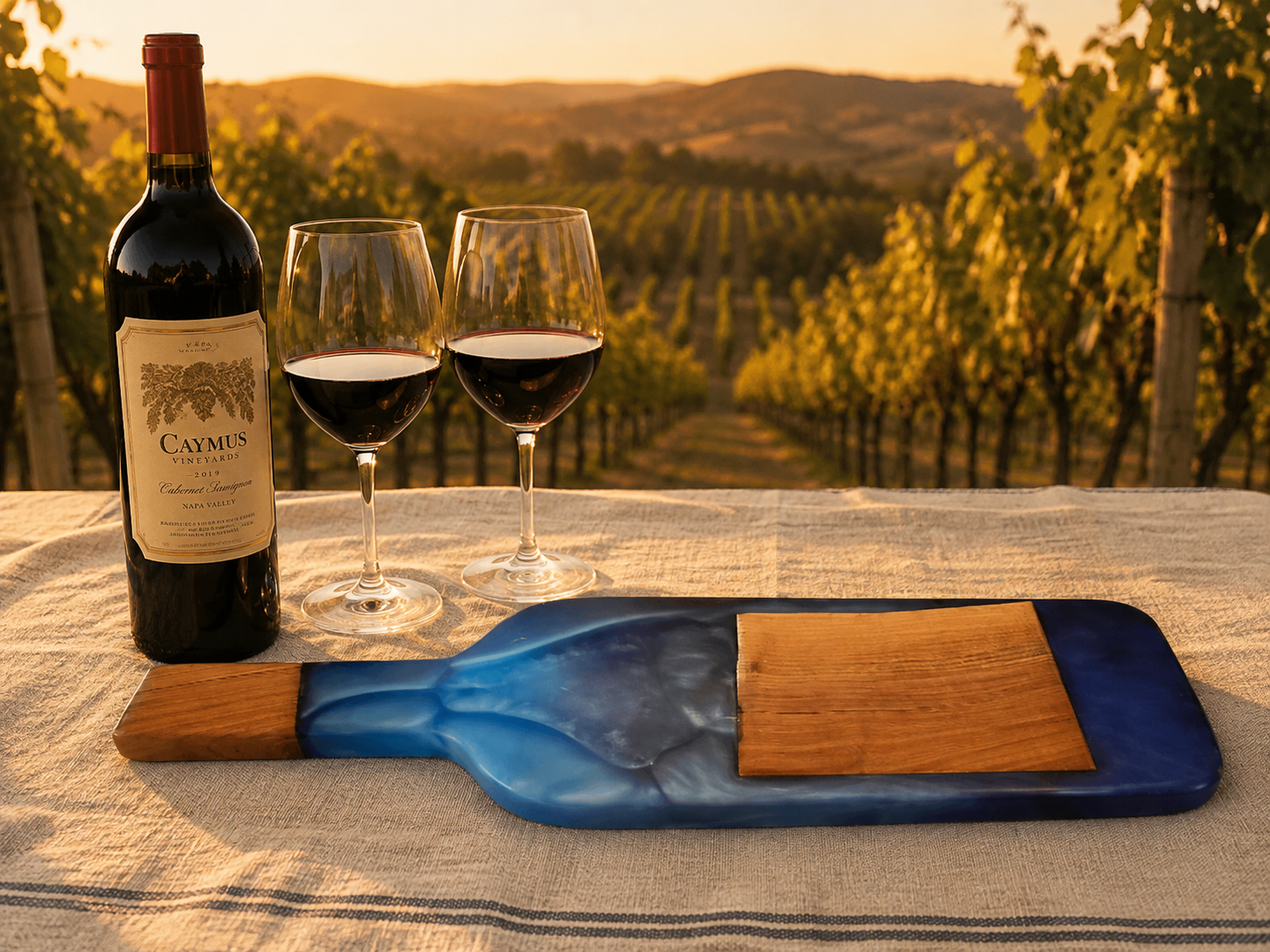 Sapphire blue wine bottle charcuterie board handcrafted from walnut (2).png