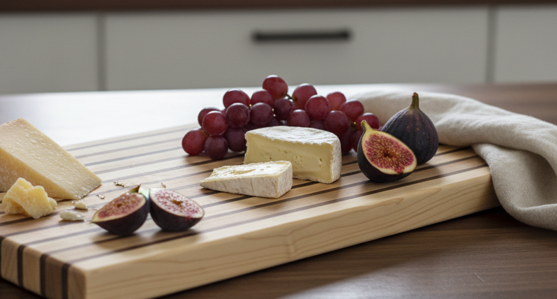 Maple and walnut cutting and charcuterie board on wood table.png