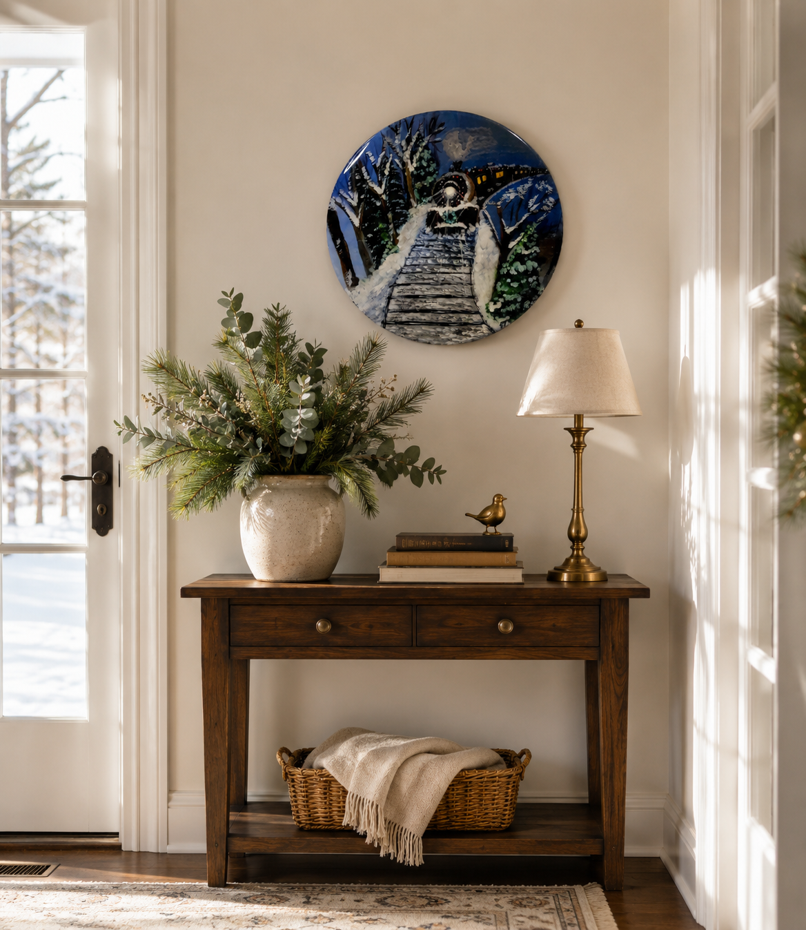 Hand-painted winter train artwork on round birch wood.png