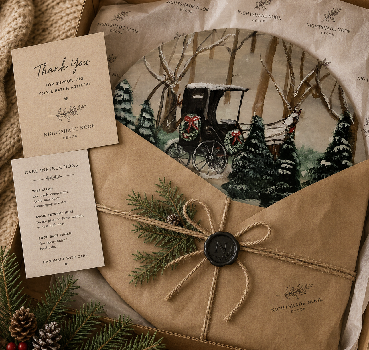 Handmade Christmas wall art with snowy woodland carriage scene.png