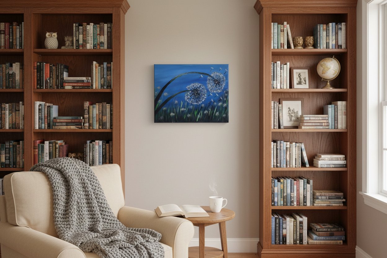 artwork hanging neutral interior wall with bookcases.jpg