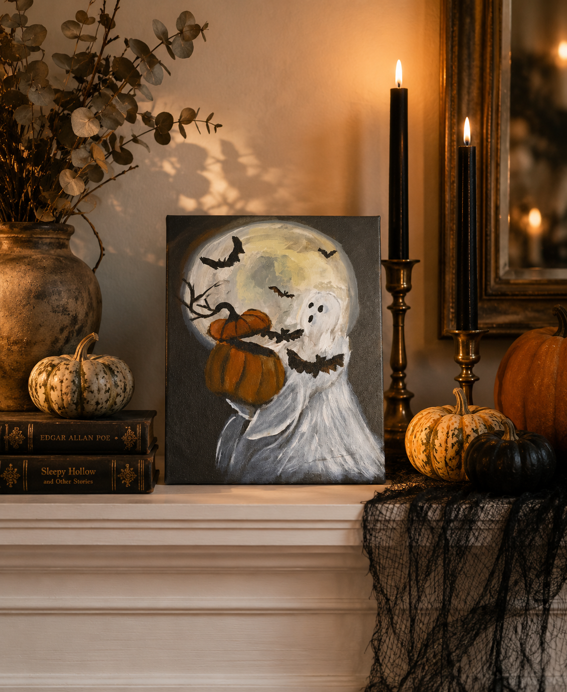 Original whimsical Halloween canvas featuring bats, pumpkins, and a friendly ghost under the harvest moon.png