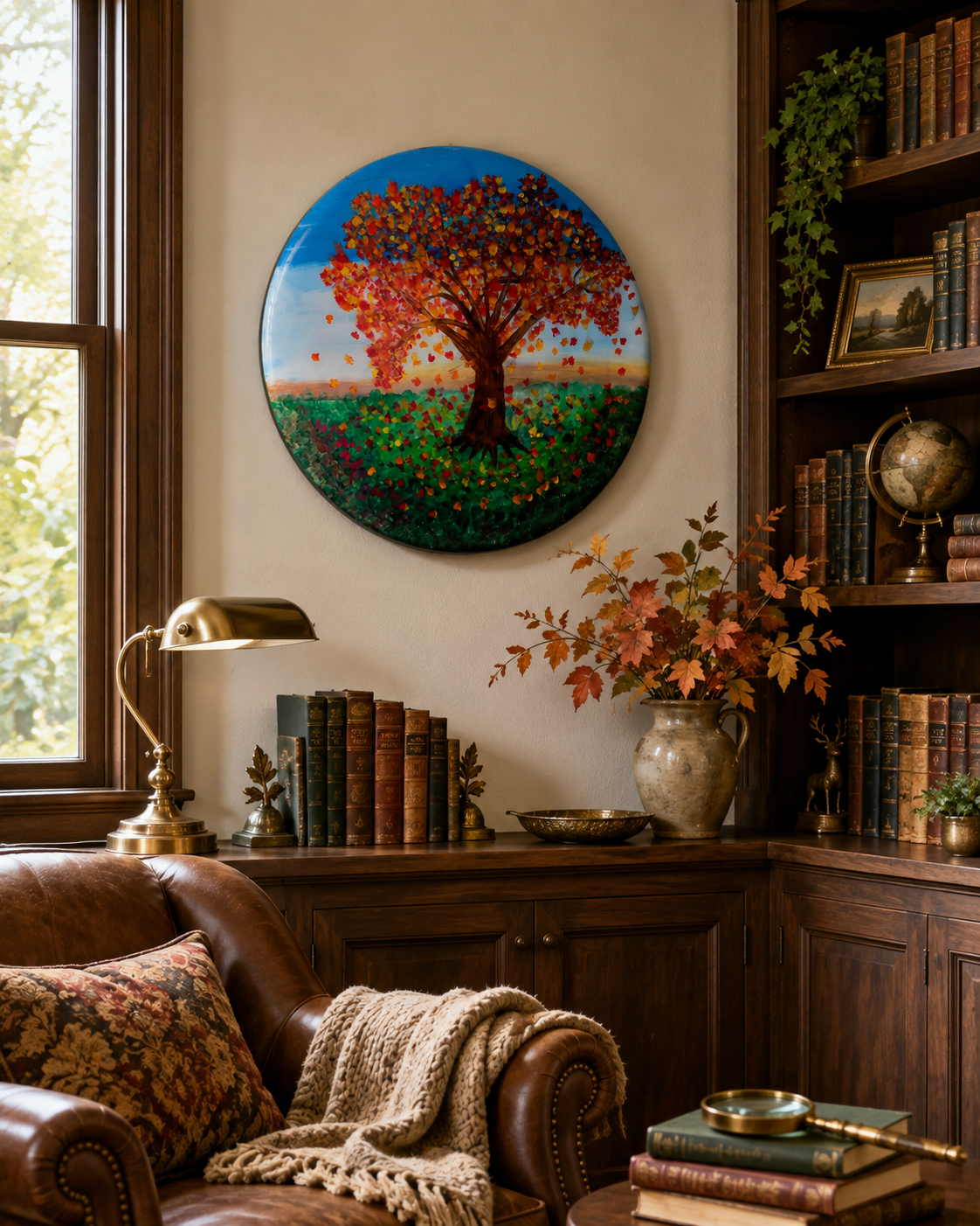 Vibrant fall tree painting with drifting leaves and green landscape.png