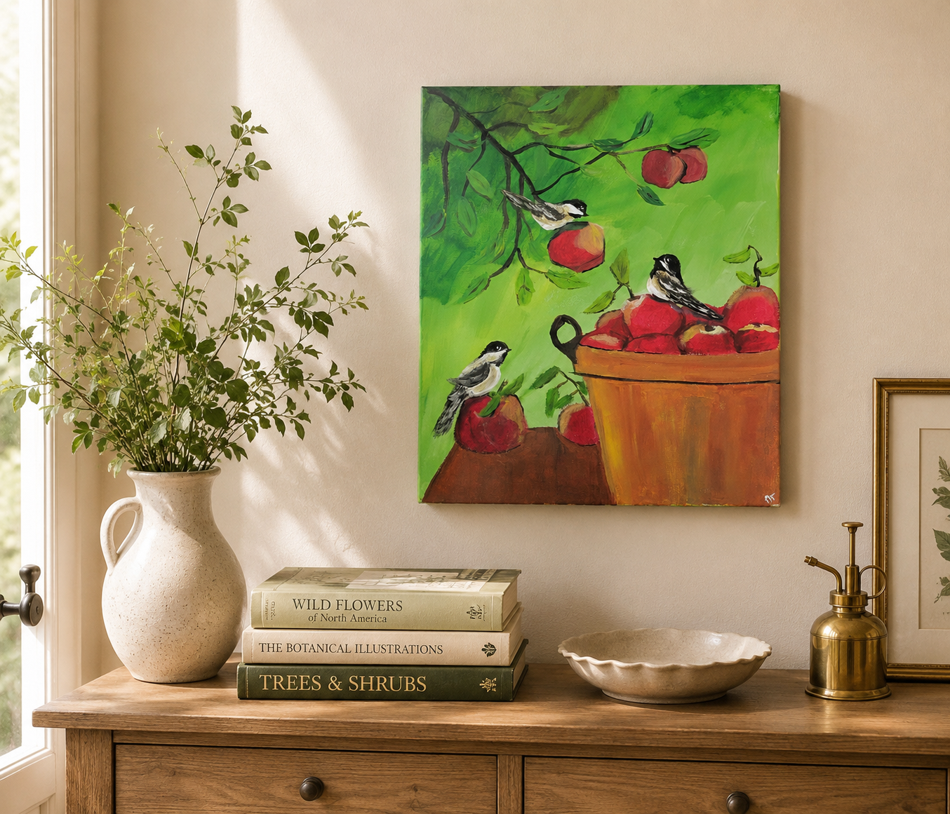 Nature-inspired canvas painting with red apples and small woodland birds.png