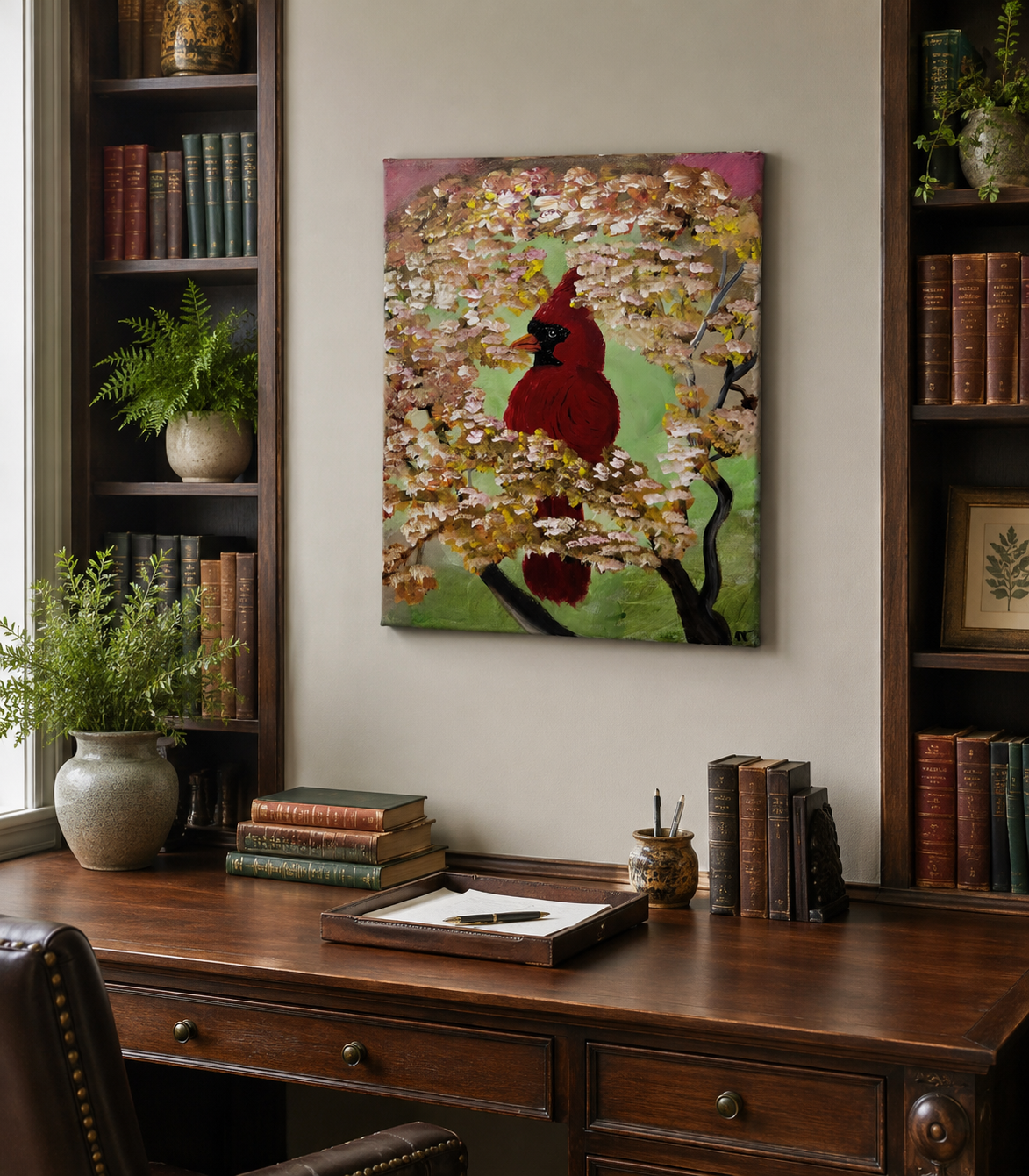 Hand-painted cardinal perched.png