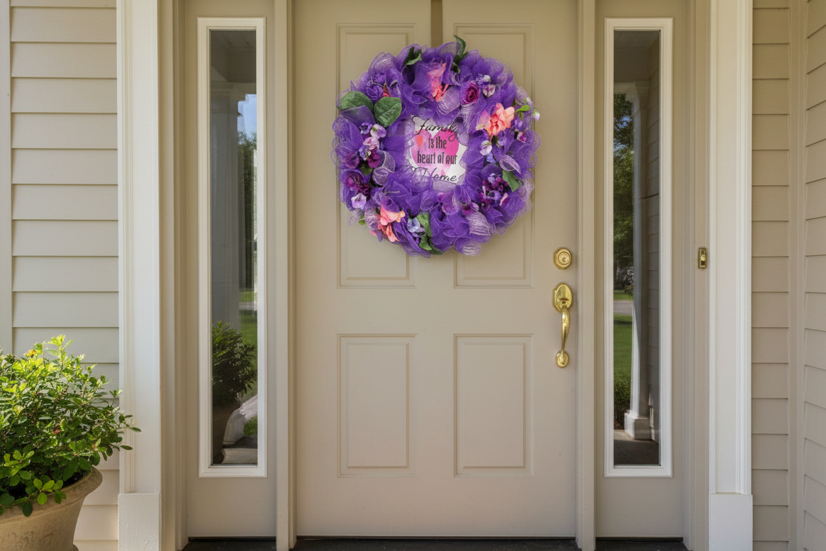 Heart of the Home purple spring wreath on door