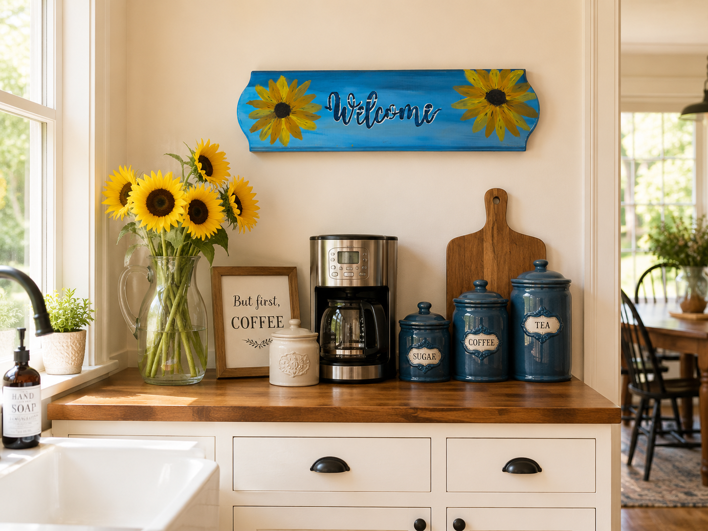 Handmade birch wood welcome sign with sunflowers.png